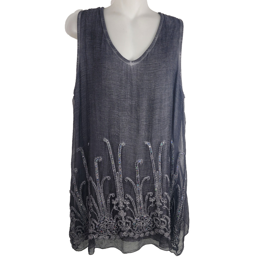 Soft Surroundings Womans Silk Sequin Embroidered Tunic Top Gray Large Romantic